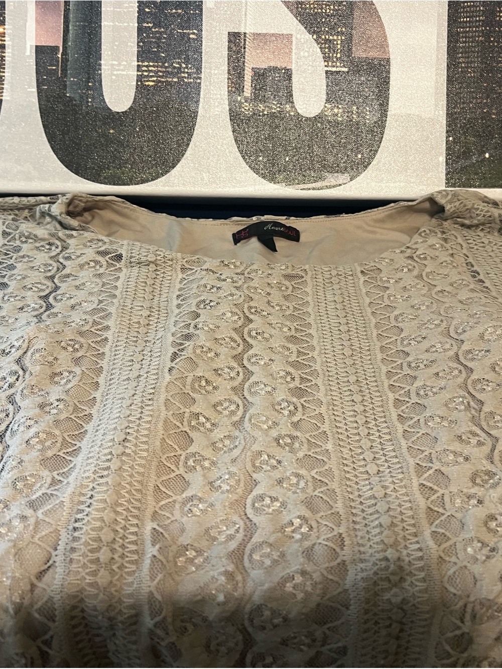 cream-colored Heartsoul lace and crochet overlay blouse
